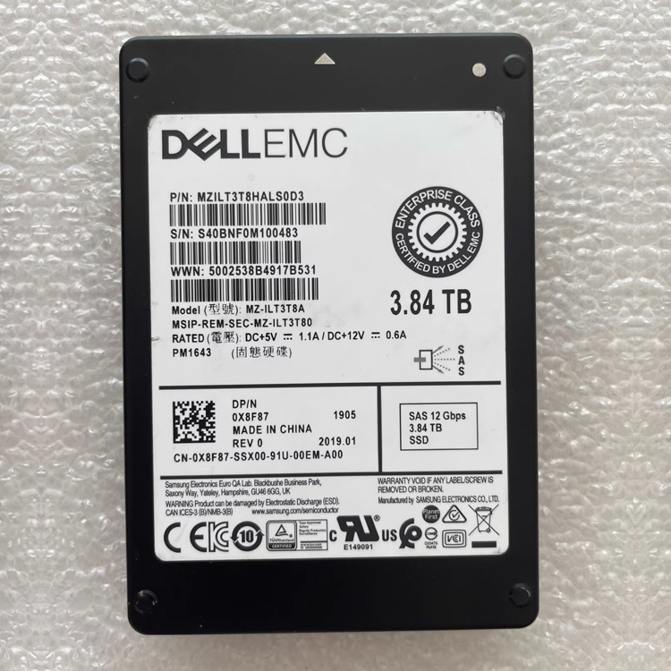 New Dell EMC 3.84T SAS Solid State Drive 0X8F87, Model MZ-ILT3T8A, Samsung Disk Body PM1643, 12G SAS Interface