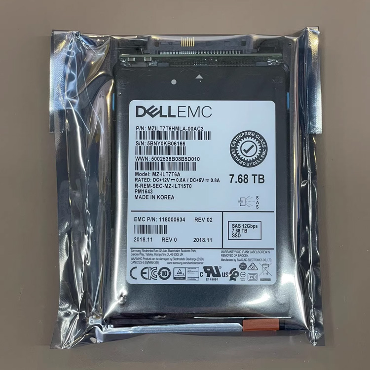 델 EMC 005053160 PM1643 7.68TB SAS 12Gbps 기업용 솔리드 스테이트 드라이브, 모델 MZILT7T6HMLA-00AC3, 한국에서 제조. 12Gbps 인터페이스, 2.5-인치 서버 하드 드라이브, 엔터프라이즈급 스토리지 사용에 적합