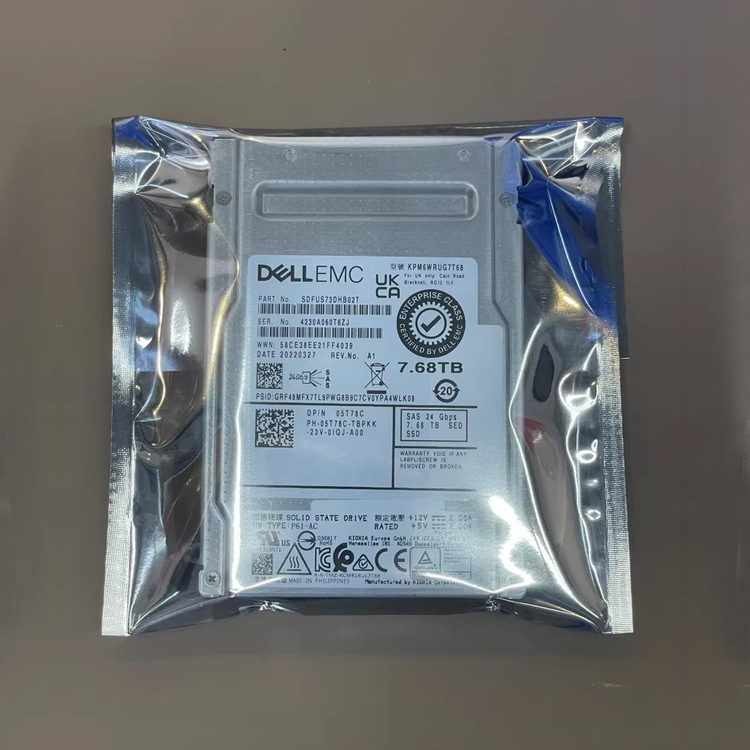 Dell EMC 7.68TB SAS 24G Enterprise Solid State Drive, model KPM6WRUG7T68, 24Gbps interface, 2.5-inch server hard drive, manufactured by Kaixia factory. Fully functional and suitable for enterprise level storage use.