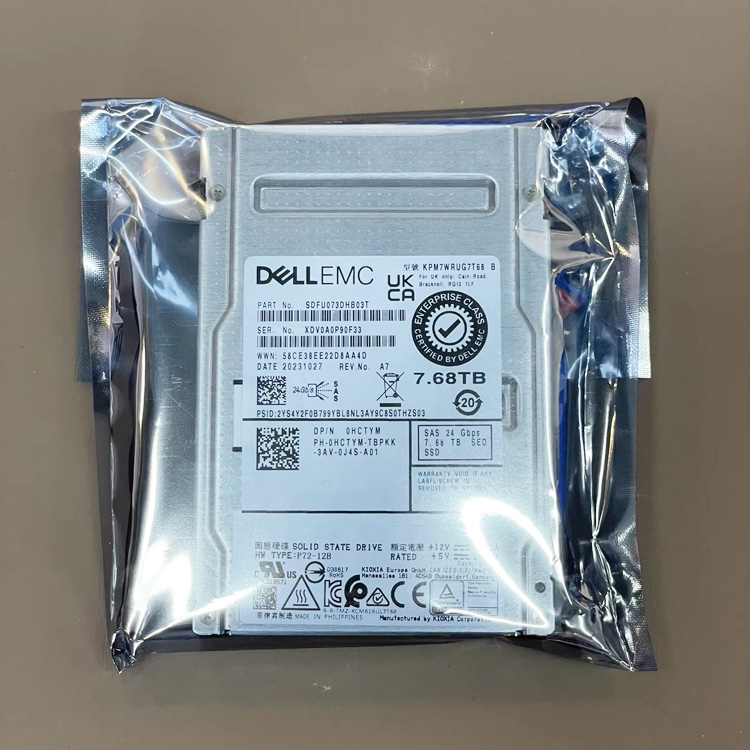 New DELL EMC 0HCYM 7.68TB SAS 24G Enterprise Solid State Drive, model KPM7WRUG7T68, manufactured by Kaixia, with 2.5-inch SAS 24Gbps interface, suitable for server storage use
