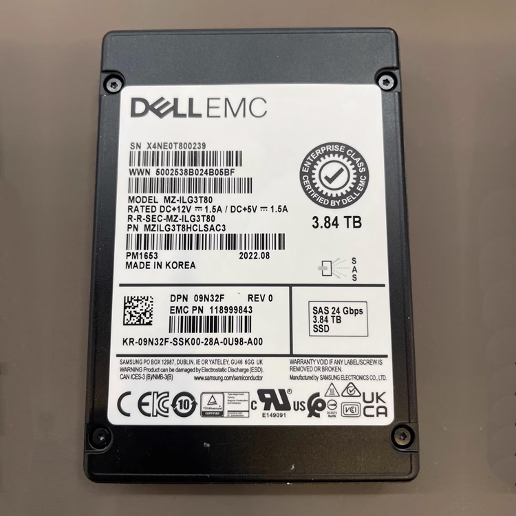 Dell EMC PM1653 3.84TB 09N32F Solid State Drive, Model MZ-ILT3T8A, MZ7LH3T8HMLT0D3 SAS 24Gb/s interface, 2.5-inch SSD for R740 R750 R760 Server