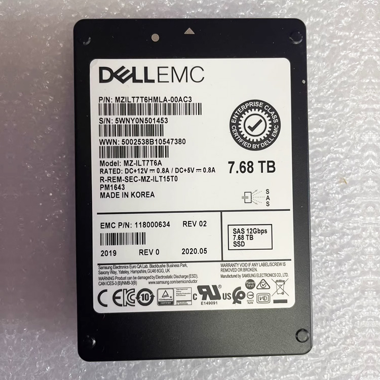 DELL EMC 118000634 7.68TB SAS 12Gbps Enterprise Solid State Drive, Model MZILT7T6HMLA-00AC3, Samsung PM1643, suitable for enterprise server storage upgrade